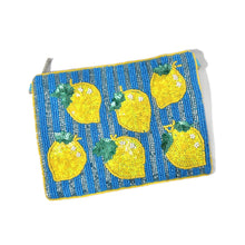Load image into Gallery viewer, Handmade summer coin pouch featuring bright lemon appliqués, blue bead stripes, and shimmering sequin accents for a fresh coastal vibe.