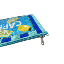 Load image into Gallery viewer, Summer-themed beaded pouch featuring lemon motifs, lime wedges, and shimmering aqua sequin accents.
