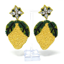 Load image into Gallery viewer, Playful fruit statement earrings showcasing handcrafted lemon motifs with crystal and seed bead embellishments.