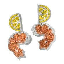 Load image into Gallery viewer, Handmade shrimp cocktail earrings with lemon slice accents and detailed peach beadwork for a playful foodie statement look.