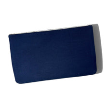 Load image into Gallery viewer, A dark navy blue fabric pouch or sleeve with a white zipper trim, shown at an angle on a white background with a soft shadow.