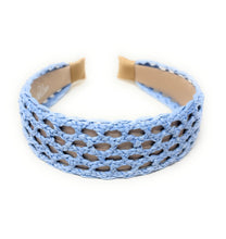 Load image into Gallery viewer, Handcrafted sky blue woven headband showcasing an airy openwork pattern and modern summer style.