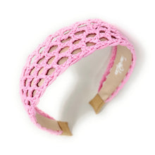 Load image into Gallery viewer, Handcrafted pink woven headband showcasing a chic basket-weave pattern and structured silhouette.
