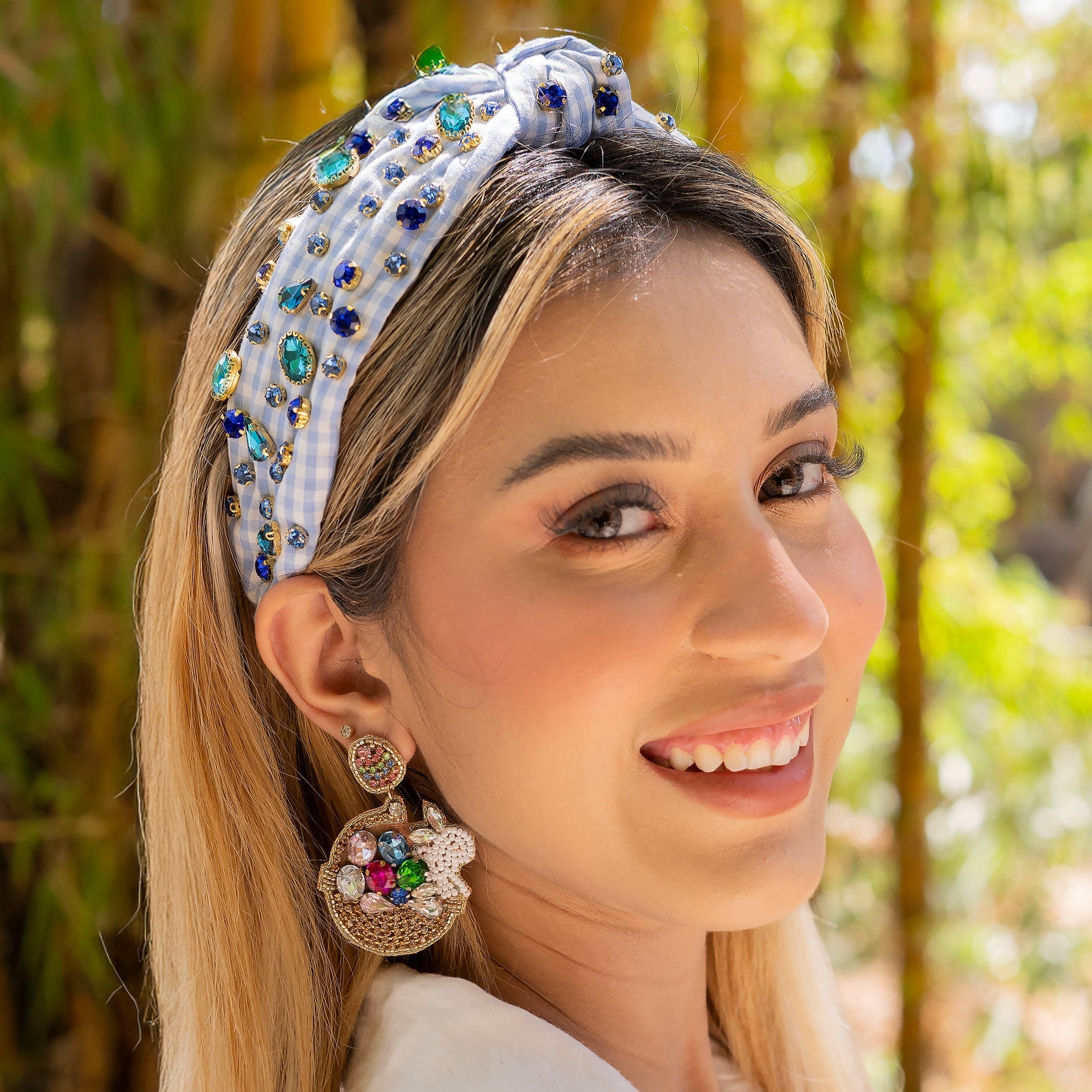 PIPER K Blue Gingham Jeweled Knotted Headband Gingham Knot Headbands | Checkered Headbands | Twine and Love main image 2