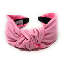 Load image into Gallery viewer, headband for women, Light pink vegan headbands, PU leather knot headband, headbands for women, stylish headbands, headband style, pink top knot headband, woven top knot headband, pink headband, pink hairband, Vegan knot headbands, top knotted headband, light pink headband, leather headbands, PU leather headbands, vegan top knotted headband, knotted headband, custom headband, PU leather headband, statement headbands, Pink vegan knotted headband, pearly knot headband, Solid color headband, Solid knot headband