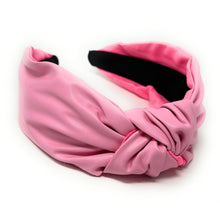 Load image into Gallery viewer, headband for women, Light pink vegan headbands, PU leather knot headband, headbands for women, stylish headbands, headband style, pink top knot headband, woven top knot headband, pink headband, pink hairband, Vegan knot headbands, top knotted headband, light pink headband, leather headbands, PU leather headbands, vegan top knotted headband, knotted headband, custom headband, PU leather headband, statement headbands, Pink vegan knotted headband, pearly knot headband, Solid color headband, Solid knot headband