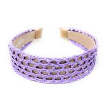 Load image into Gallery viewer, Light purple handcrafted woven headband with an airy basket-weave pattern and wide silhouette.