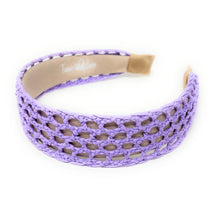 Load image into Gallery viewer, Light purple handcrafted woven headband with an airy basket-weave pattern and wide silhouette.