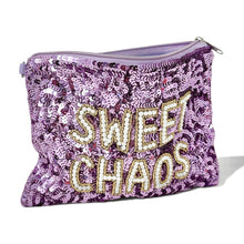 Load image into Gallery viewer, Purple sequin zip pouch with beaded Sweet Chaos text, combining playful style with eye-catching sparkle.