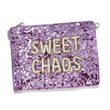 Load image into Gallery viewer, Handcrafted lavender sequin clutch with Sweet Chaos pearl bead design, perfect for parties and special occasions.