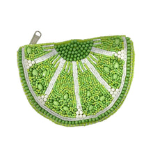 Load image into Gallery viewer, A beaded pouch shaped like a lime slice, featuring vibrant green and white beads. The design is textured and playful, evoking a fresh, summery feel.