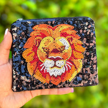 Load image into Gallery viewer, Lion Coin Purse Pouch, Lion bead Purse, Lion Beaded Pouch, Lion Purse, Boho bags, Wallets for her, boho pouch accessories, bachelorette gifts, best friend gifts, miscellaneous gifts, best seller, best selling items, gifts for her, birthday gifts, preppy beaded wallet, party favors, bachelorette bag, money pouch, wallets for her, unique cute gifts, mother’s day gift, handmade gifts, Nashville gifts, Safari theme accessories, Custom gifts, credit card pouch, Sequin black purse, handmade gifts