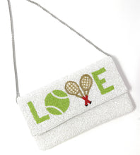 Load image into Gallery viewer, Tennis lover statement clutch adorned with intricate beadwork, racket motifs, and a removable chain strap for versatile styling.
