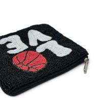 Load image into Gallery viewer, Close-up of a handmade Love Basketball zipper pouch with intricate white and red beadwork.