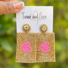 Load image into Gallery viewer, pink gold beaded Earrings, love letter valentines Earrings, Valentines Day Earrings, Valentines Beaded Earrings, Valentines Heart earrings, sweetheart  earrings, valentine’s day beaded earrings, dainty valentines beaded earrings, valentines beaded earrings, unique earrings, Valentine’s day earrings, tween girls accessories, Valentine’s day accessories, Best selling items, Valentines accessories, boho earrings, custom earrings, gifts for her, handmade gifts, unique valentines heart earrings