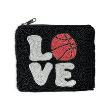 Load image into Gallery viewer, Black hand-beaded basketball coin purse featuring LOVE lettering and a red basketball motif.