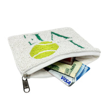 Load image into Gallery viewer, Small beaded pouch with LOVE tennis motif&quot; in green letters and a yellow tennis ball design