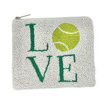 Load image into Gallery viewer, Small beaded pouch with LOVE tennis motif&quot; in green letters and a yellow tennis ball design