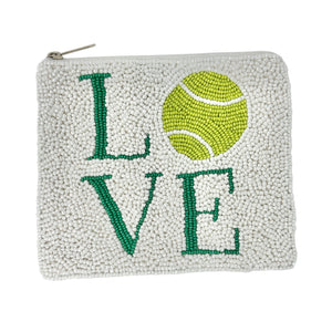 Small beaded pouch with LOVE tennis motif" in green letters and a yellow tennis ball design
