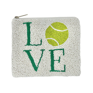 Small beaded pouch with LOVE tennis motif" in green letters and a yellow tennis ball design