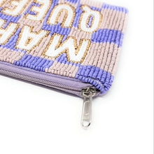 Load image into Gallery viewer, Small handcrafted beadwork pouch displaying “MAHJ QUEEN” in white lettering on a pastel purple checkerboard design.