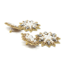Load image into Gallery viewer, Glamorous pearl and crystal earrings crafted with gold embroidery, perfect for weddings, parties, and special occasions.