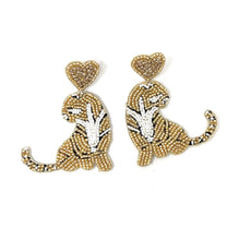 Load image into Gallery viewer, Handmade tiger earrings with intricate gold and white bead embroidery and heart tops.