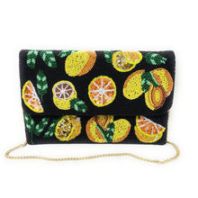 Load image into Gallery viewer, Tropical fruit beaded foldover clutch featuring vibrant citrus embroidery and sequins