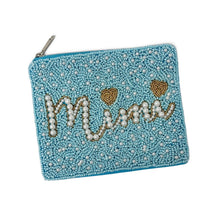 Load image into Gallery viewer, A light blue beaded zippered pouch featuring the word 'Mimi' in white faux pearls and gold accents, with two small gold hearts, on a plain white background.