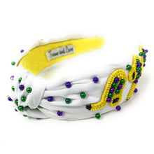 Load image into Gallery viewer, Mardi gras headband, saxophone Knotted headband, white Headband, Mardi Gras knot headband, top knot headband, Mardi Gras top knot headband, New Orleans knot headband, best selling items, Mardi Gras accessories, trendy headbands, top knotted headband, statement headbands, handmade headbands, knotted headband, New Orleans headband, unique headbands, embellished headband, custom headband, jeweled knot headband, Mardi Gras New Orleans headband, Mardi Gras saxophone 