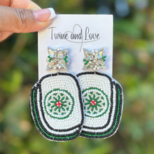 Load image into Gallery viewer, Hand beaded mahjong tile earrings on white background design
