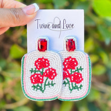 Load image into Gallery viewer, Hand beaded mahjong tile earrings with red flowers and white background design