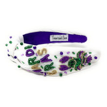 Load image into Gallery viewer, Mardi gras headband,, purple Knotted headband, Purple Headband, Mardi Gras knot headband, top knot headband, Mardi Gras top knot headband, Purple headband, best selling items, Mardi Gras accessories, trendy headbands, top knotted headband, statement headbands, handmade headbands, knotted headband, New Orleans headband, unique headbands, embellished headband, custom headband, jeweled knot headband, Mardi Gras New Orleans headband, Mardi Gras lobster