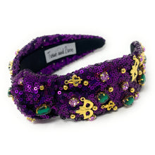 Load image into Gallery viewer, headband for women, purple Knotted headband, NOLA headband, Mardi Gras headband, top knot headband, Mardi Gras top knot headband, Purple headband, Mardi gras accessories, trendy headbands, sequin top knotted headband, statement headbands, top knotted headband, knotted headband, party headbands, hand beaded headband, Mardi gras costume, embellished headband, rhinestone headband, luxury headband, best selling items, jeweled knot headband, Mardi Gras New Orleans headband 