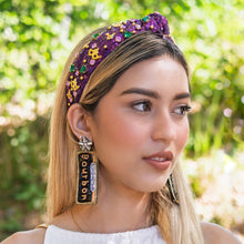 Load image into Gallery viewer, headband for women, purple Knotted headband, NOLA headband, Mardi Gras headband, top knot headband, Mardi Gras top knot headband, Purple headband, Mardi gras accessories, trendy headbands, sequin top knotted headband, statement headbands, top knotted headband, knotted headband, party headbands, hand beaded headband, Mardi gras costume, embellished headband, rhinestone headband, luxury headband, best selling items, jeweled knot headband, Mardi Gras New Orleans headband 