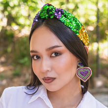 Load image into Gallery viewer, headband for women, purple Knotted headband, NOLA headband, Mardi Gras headband, top knot headband, Mardi Gras top knot headband, Purple headband, Mardi gras accessories, sequin headbands, sequin top knotted headband, statement headbands, top knotted headband, knotted headband, party headbands, hand beaded headband, Mardi gras costume, embellished headband, rhinestone headband, luxury headband, best selling items, jeweled knot headband, Mardi Gras New Orleans headband 