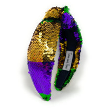 Load image into Gallery viewer, headband for women, purple Knotted headband, NOLA headband, Mardi Gras headband, top knot headband, Mardi Gras top knot headband, Purple headband, Mardi gras accessories, sequin headbands, sequin top knotted headband, statement headbands, top knotted headband, knotted headband, party headbands, hand beaded headband, Mardi gras costume, embellished headband, rhinestone headband, luxury headband, best selling items, jeweled knot headband, Mardi Gras New Orleans headband 