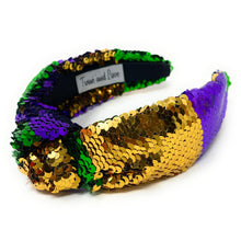 Load image into Gallery viewer, headband for women, purple Knotted headband, NOLA headband, Mardi Gras headband, top knot headband, Mardi Gras top knot headband, Purple headband, Mardi gras accessories, sequin headbands, sequin top knotted headband, statement headbands, top knotted headband, knotted headband, party headbands, hand beaded headband, Mardi gras costume, embellished headband, rhinestone headband, luxury headband, best selling items, jeweled knot headband, Mardi Gras New Orleans headband 