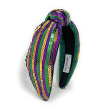 Load image into Gallery viewer, Mardi Gras Striped headband with a knot on a white background