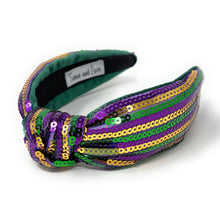 Load image into Gallery viewer, Decorative headband with purple, gold, and green sequins on a white background