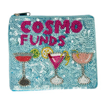 Load image into Gallery viewer, Decorative beaded clutch with cocktail illustrations and “Cosmo Funds” text on a shimmering light blue sequin surface.