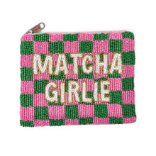 Load image into Gallery viewer, A small zippered pouch decorated with a pink and green checkered beaded pattern and the words 'MATCHA GIRLIE' in large cream letters outlined in gold.