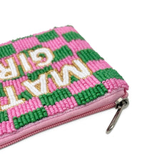 Load image into Gallery viewer, A pink and green checkered zippered pouch with 'MATCHA GIRLIE' embroidered in white and gold beads, shown on a plain white background.