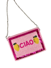 Load image into Gallery viewer, Italian-inspired beaded clutch pouch featuring blush pink beads, glittering sequin borders, and bright lemon embellishments for a playful statement.