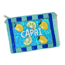 Load image into Gallery viewer, Summer-themed beaded pouch featuring lemon motifs, lime wedges, and shimmering aqua sequin accents.