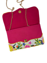 Load image into Gallery viewer, Chic beaded fold-over clutch decorated with citrus motifs, sparkling sequins, and colorful botanical patterns.