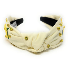 Load image into Gallery viewer, Playful lemon print statement headband with embroidered citrus accents and elegant gold embellishments.