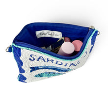 Load image into Gallery viewer, Ocean-themed beaded pouch with handcrafted sardine illustrations, textured bead embroidery, and a whimsical seaside-chic style perfect for summer adventures.