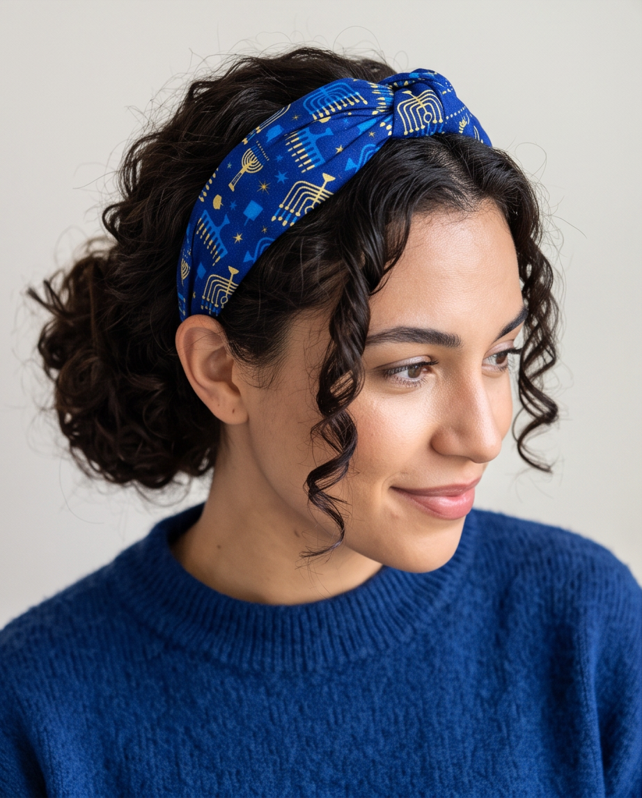 A woman wearing a royal blue fabric headband with a gold menorah and geometric pattern, paired with a blue knit sweater against a plain light gray background.