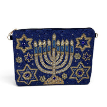 Load image into Gallery viewer, Hand-beaded Hanukkah pouch with a menorah and Star of David design, featuring a navy blue fabric lining.